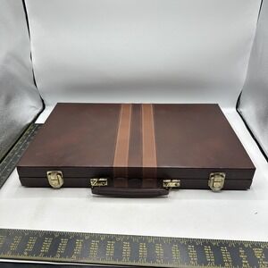 Backgammon Set Brown & Saddle Faux Leather Brief Case Style 1 Missing Chip VTG